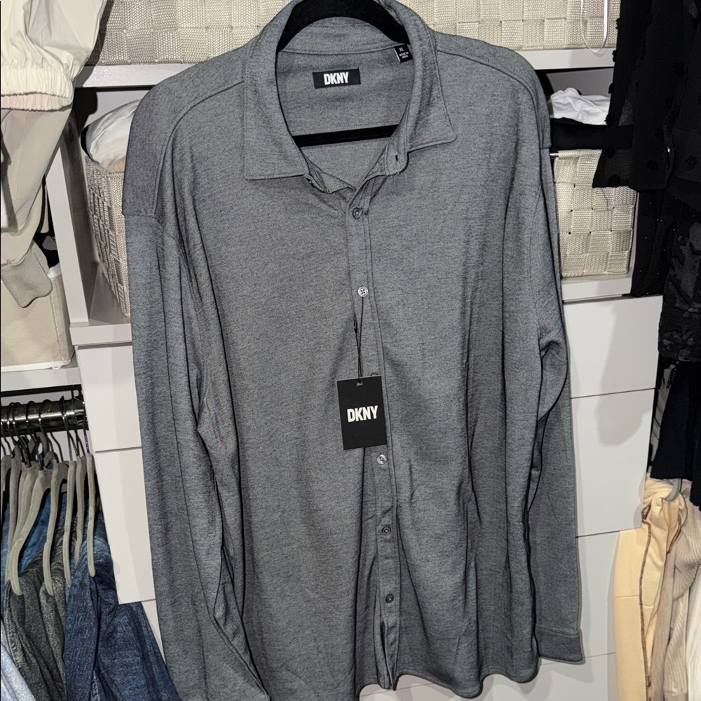 DKNY French terry Charcoal Button Down Shirt for Men